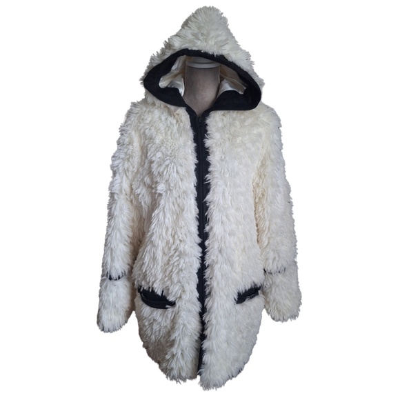 Adrienne Landau Faux Fur Hooded Coat Womens Sz L White Jacket Winter Teddy Coat - Picture 1 of 12